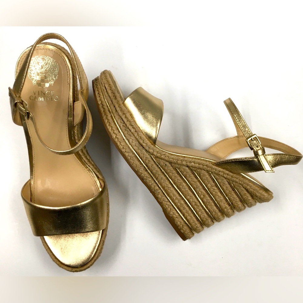 Vince Camuto Marybell Leather Platform Sandals 8.5 Gold Summer Party Vacation